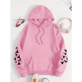 Women's Plus Size Soft Casual Hooded Sweatshirt with Artistic Back Print - Black & White & Bird Design, Kangaroo Pocket, Relaxed Fit, Machine Washable, All-Season Comfort, Ladies Sweatshirts, Decorative Text Design