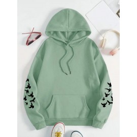 Women's Plus Size Soft Casual Hooded Sweatshirt with Artistic Back Print - Black & White & Bird Design, Kangaroo Pocket, Relaxed Fit, Machine Washable, All-Season Comfort, Ladies Sweatshirts, Decorative Text Design