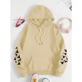 Women's Plus Size Soft Casual Hooded Sweatshirt with Artistic Back Print - Black & White & Bird Design, Kangaroo Pocket, Relaxed Fit, Machine Washable, All-Season Comfort, Ladies Sweatshirts, Decorative Text Design