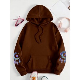 [Floral Moon Hoodie] Soft & Comfortable Plus Size Women's Floral Moon & Hoodie | Casual Long Sleeve Pullover with Pockets, Oversized Daily Wear, Purple & Blue Design