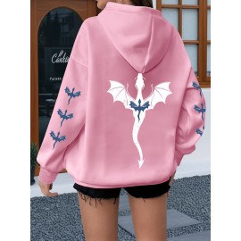 [Dragon Print Hoodie] Plus Size Dragon Print Hoodie - Casual Long Sleeve Pullover with Drawstring, Kangaroo Pocket - 100% Polyester, Slight Stretch, All Season Knit Fabric Hooded Sweatshirt