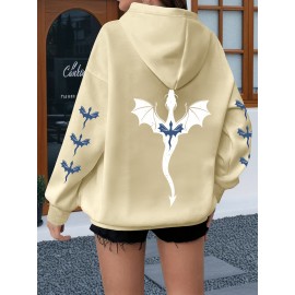 [Dragon Print Hoodie] Plus Size Dragon Print Hoodie - Casual Long Sleeve Pullover with Drawstring, Kangaroo Pocket - 100% Polyester, Slight Stretch, All Season Knit Fabric Hooded Sweatshirt
