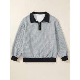 Plus Size - Plus Size Women'S Textured Button-Up Long Sleeve Sweatshirt - Relaxed Fit, Contrast Trim, Medium Stretch, All-Season Casual Pullover with Wide Collar, Machine Washable, Cute Sweatshirts, Versatile Clothing, Chic Style, Mediumstretch Fabric, Durable Clothing