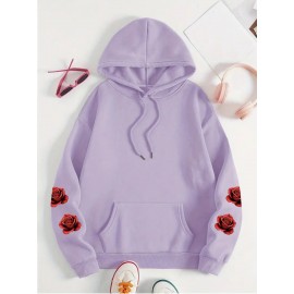 [Floral Print Hoodie] Women's Plus Size Floral Print Hoodie - Cozy Long Sleeve Pullover with Pockets, Soft Casual Wear, Brown with Red Roses and Green Leaves Design, Allseason Hoodie | Stylish Casualwear | Comfortable Fabri