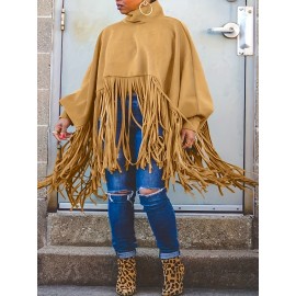 Plus Size, Plus Size Women's Batwing Sleeve Turtleneck Top with Fringe Hem - Loose Fit Casual Chic Long Sleeve Shirt, Solid Color Machine Washable Fall Winter Clothing for Women, Elegant Overlay, Highneck Shirt, Easycare Fabric, Spring Outfit, Durable Shirt, Curvy Fashion