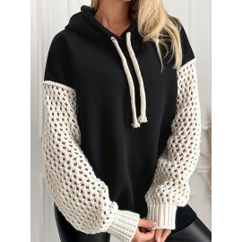 Plus Size, Women's Plus-Size Hoodie - Black & White Contrast Sleeves, Ribbed Cuffs & Hem, Cozy Pullover Sweatshirt for All-Season Casual Wear, Sweater Hoodie, Hooded Sweatshirt, Durable Knitwear