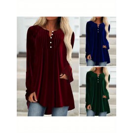 Plus Size, Womens Velvet Fall Winter Shirt V-Neck Button Detail, Draped Front, Easy Pair with Jeans/Skirts, Asymmetrical Hem for Office/Casual, Casual Outfit, Winter Wardrobe, Asymmetrical Design, Vneck Blouse, Cozy Texture, Premium Material, Long Sleeve Top, Versatile Top, Fashion Women, Plus Size