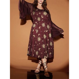 Women's Halloween Flowy Dress Elegant Long Sleeve Scoop Neck Sun Moon Print Pocket Dress Midi Dress