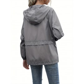 Women's Water-Resistant Hooded Jacket - Solid Color, Zip-Up with Drawstring Detail, Casual Polyester Coat for Spring/Fall, Machine Washable - Sizes L to XXL