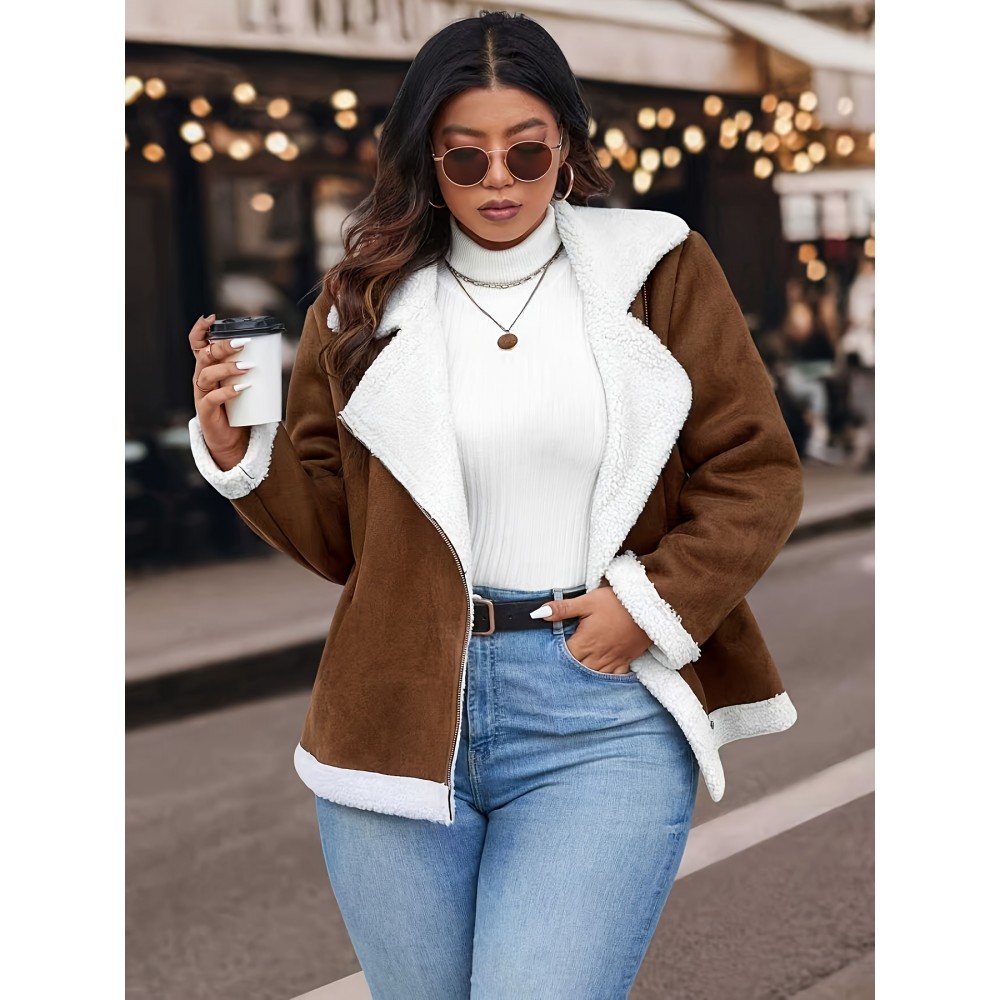 Plus Size Women'S Color Block Lapel Collar Zip-Up Jacket - Warm Fleece-Lined Casual Outerwear with Front Pockets, Solid Color Design for Fall/Winter, Cozy Layering Piece, Winter Jacket, Fall Fashion, Sporty Style, Durable Fabric